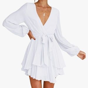 B-Neck Long Sleeve Waist Tie Ruffle Mini Swing Skater